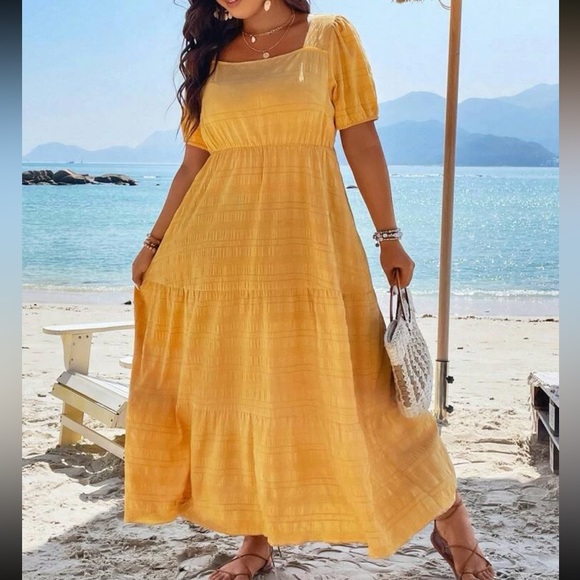 Boho plus size comfy square neck puff sleeve ruffle hem maxi dress - Picture 14 of 16